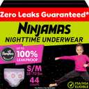 Ninjamas Girls Bedwetting Nighttime Underwear, Size S/M (38-70 lbs), 44 Count, Overnight Protection, Ultra Absorbent, Hypoallergenic, S/M