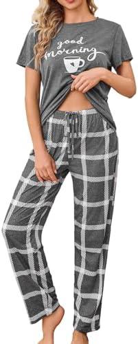 difficort Womens Pajama Sets Short Sleeve Pjs Tops with Long Pants Sleepwear Lounge Set with Pocket M