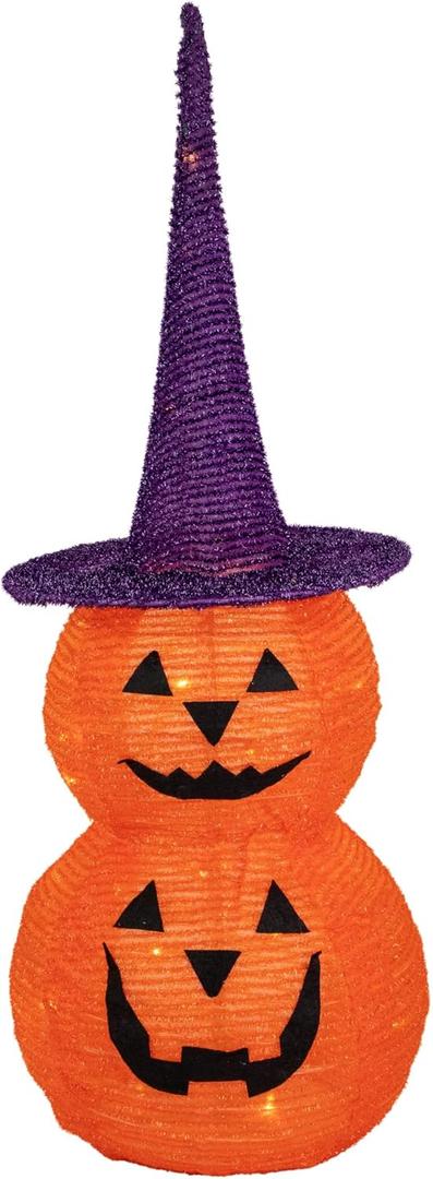 Northlight Pop Up Lighted Tinsel Stacked Jack-O-Lanterns Halloween Decoration, 30", Orange