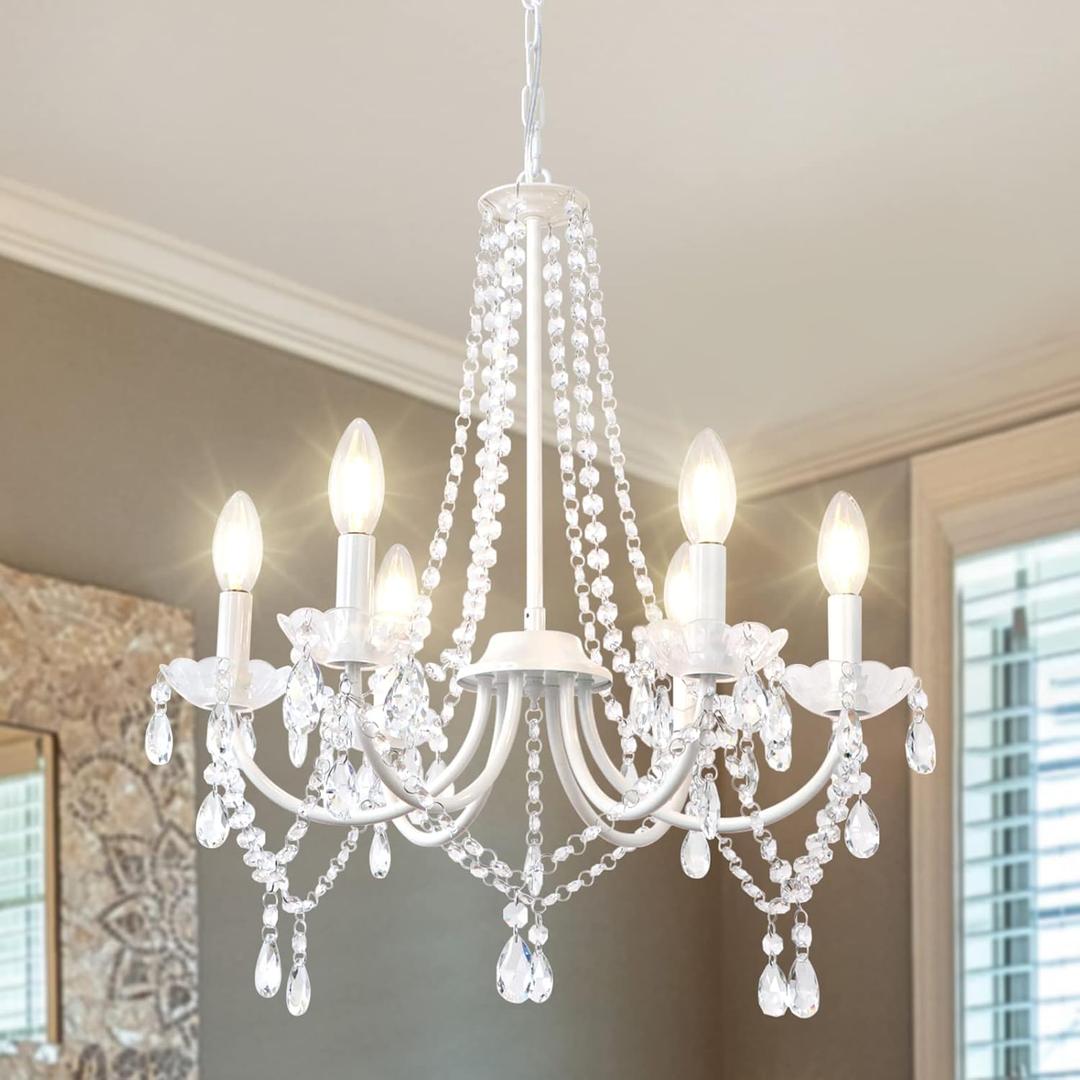 LynPon White Crystal Chandeliers for Bedroom, 6 Lights White Chandelier Light Fixture Girls Chandeliers for Dining Room Elegant Modern Contemporary Candle Ceiling Light for Living Room Entryway Foyer