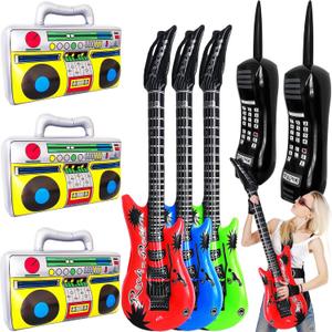 8 Pcs Inflatable Radio Boombox Retro Inflatable Mobile Phone Rock Inflatable Guitar Toy Set, Blow up Props for 80s 90s Party Decorations, Hip Hop Theme Birthday Party Supplies