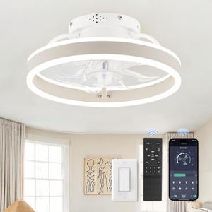 Low Profile Ceiling Fans with Lights and Remote, 13 Inch Fandelier Ceiling Fan with Light, White Modern Flush Mount Ceiling Fan, Small Dimmable LED Fan Lights for Bedroom