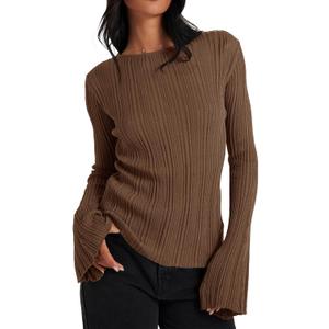 Cicy Bell Womens Bell Long Sleeve Tops Going Out Knitted Fall Pullover Lightweight Sweater Shirts (Small, Coffee)