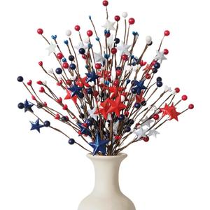Idyllic 4th of July Decorations, 8 Pcs 16 Inch Red White Blue Patriotic Berry Sprigs with Stars, Artificial Berry Stems for Memorial Day Wreath & DIY Holiday Decor