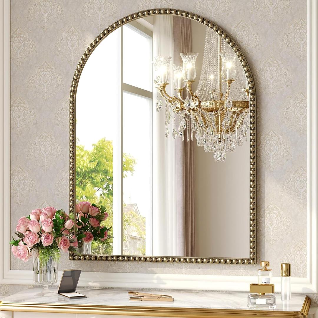 Champagne Bronze Arched Mirror 24"x32", Champagne Bronze Mirror for Bathroom, Entryway, Bedroom, Fireplace, Over Sink, Vintage Gold Arch Mirror with Metal Beaded Frame