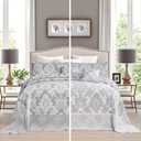 chiinvent Oversized King Bedspreads 128x120 Extra Wide Coverlet Sets, 5 Piece Double-Sided Damask Jacquard Large Quilts, Lightweight and Reversible, Widen Cal King, Light Gray