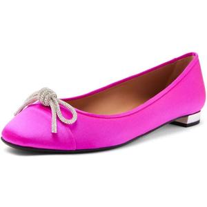 miss left Women Rhinestone Bows Ballet Flats Closed Rounded Toe Slip On Low Thick Heels Comfy Dance Walking Satin Shoes, 9