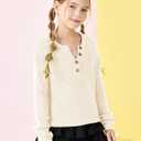 rrhss Girls Waffle Knit Sweaters Trendy Henley Button V Neck Long Sleeve Pullover Jumper Tops Off-White