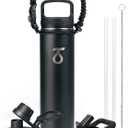 Trebo 24 oz Water Bottle Insulated with Lid and Straw,Double Wall Vacuum Stainless Steel Metal Tumbler Sports Flask with Paracord Handle, Keep Hot 24 Hours & Cold 48 Hours Water Cup with 3 Lids, Black