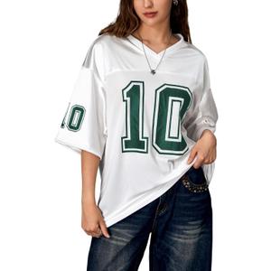 Verdusa Women's Oversized Jersey Shirt Graphic Tees V Neck Short Sleeve Vintage T Shirts (White, S)