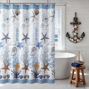 Coastal Seashell Fabric Shower Curtain, Under The Sea Beach Ocean Theme Shower Curtain with Starfish & Coral, Waterproof Blue Nautical Decorative Bathroom Curtains, 72" W x 72" H