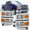 For 2014 2015 Chevy Silverado 1500 Headlights Assembly, For 14-15 1500 Silverado Halogen Headlamp Factory OE Style Chrome Housing Amber Coner Head Lights Pair Set Driver & Passenger Replacement