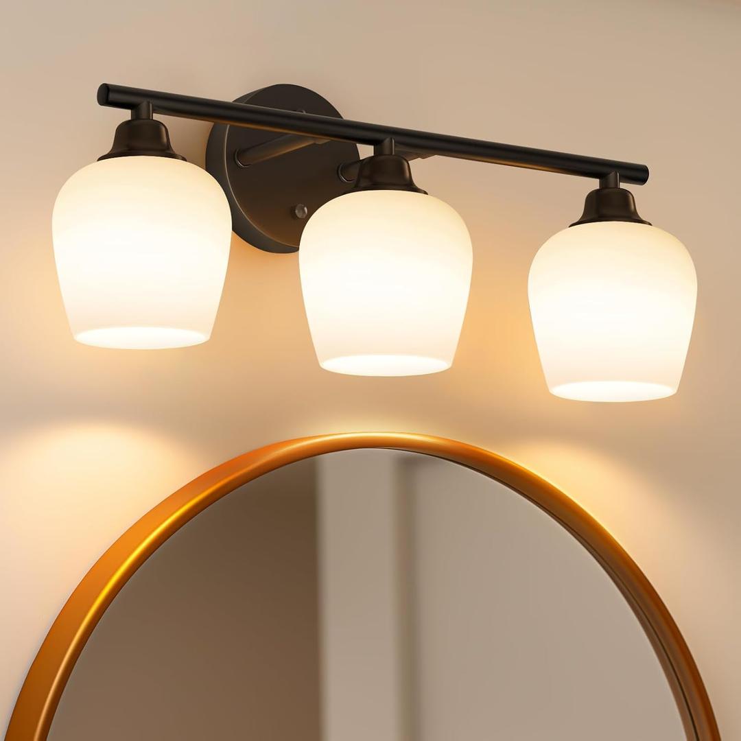 ONEWISH Bathroom Light Fixtures - Modern Wall Sconces 3 Light Black, Wall Lamp for Vanity Light Over Mirror, Opal Glass Globe Lamp for Bedroom, Living Room, Hallway, E26 Socket Bulb NOT Included (3 lights)