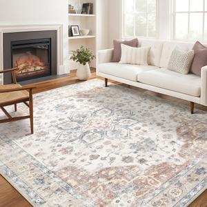 Area Rug for Living Room - 9X12 Soft Washable Vintage Floral Distressed Large Carpet - Fade Stain Resistant Non Slip Rugs for Bedroom Dining Room Nursery Dorm Office Home Decor - Multi Color