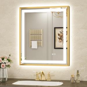 LED Bathroom Mirror 24"x30" Inch Brushed Gold Metal Frame Lighted Bathroom Vanity Mirror with Lights, Brighter Frontlit and Backlit Light up Anti Fog Mirror, 3-Color Dimmable, Memory Function
