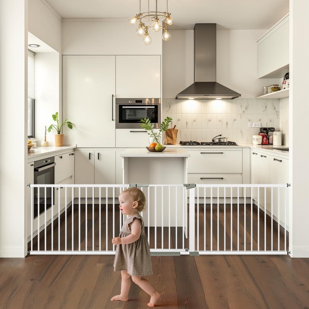 (85-113 inch Width) Extra Wide Baby Gate Extra Long, Large Dog Gate Indoor, Child Proof Gate, Kiddie Gates, Baby Gate for Doorways. White, Dog Gates for The House. Pressure Mount Pet Gate.