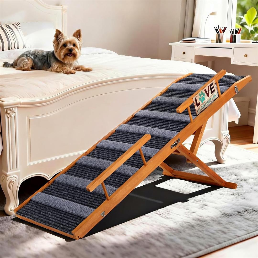 Pawaboo Dog Ramp for Small Dog, 57'' Foldable Dog Ramp for Bed, 5 Adjustable Height from 19.7'' to 30'', Portable Stable Pet Steps with Dogs Tag & Safety Side Rails, Pet Ramps for Bed Couch, Walnut
