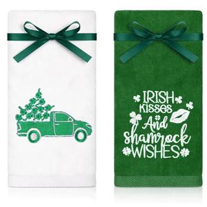 Tiamon 2 Pack Bathroom Hand Towels 29.5 x 13.8 Inches Cotton Embroidered Decorative Towels with Ribbons for Holiday Kitchen Bathroom Drying Cleaning (St. Patrick Clover)