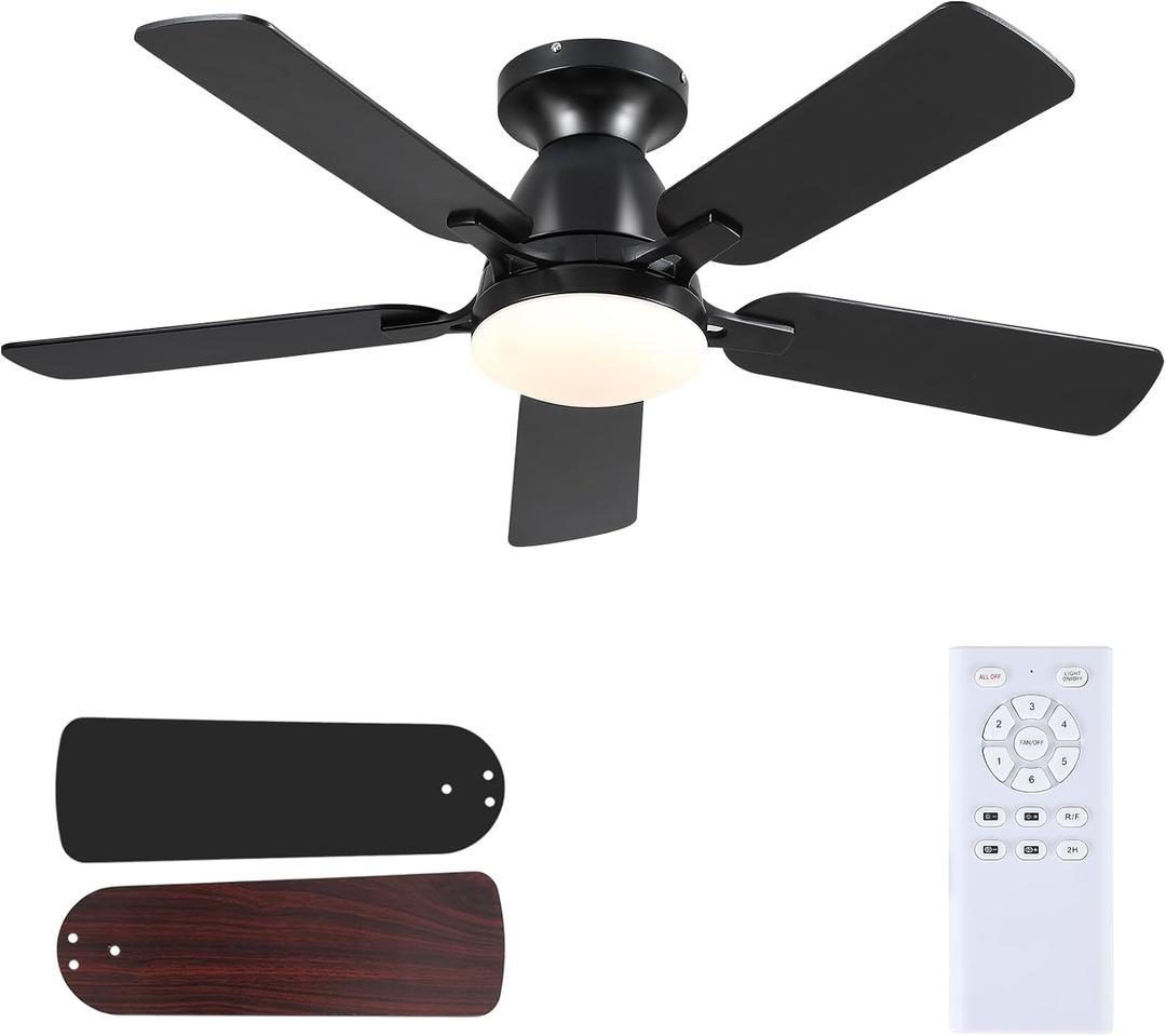 Mpayel Ceiling Fans with Lights and Remote, 46 Inch Flush Mount Low Profile Ceiling Fan with Light, Black Ceiling Fan for Bedroom Living Room, Quiet DC Motor, Reversible, Dimmable LED, Black