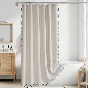 KGORGE Scalloped Shower Curtain for Bathroom with 12 Metal Hooks, Linen Textured Privacy Waterproof Boho Cute Heavy Duty Farmhouse Shower Curtains for Home Decor Bathtub, Linen, 72 x 72 inches Long
