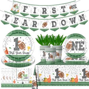 142Pcs First Year Down Football Birthday Party Decorations Football Tableware Set with Plates Napkins Cups Tablecloth and Banner First Year Down Birthday Party Decorations Football Party Decorations