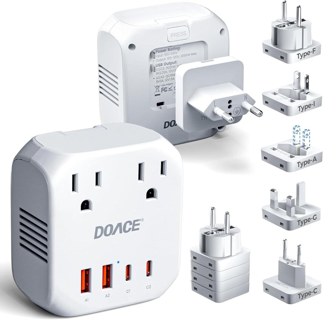 2000W Voltage Converter US to Europe for Hair Dryer - DOACE 220V to 110V Converter for European Travel, Power Converter Adapter Combo with 2 PD/QC Chargers & UK/AU/US/IT/European Travel Plug Adapters