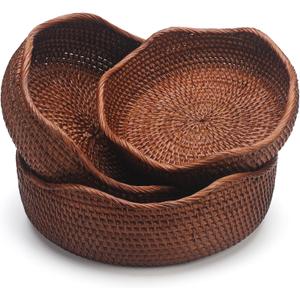 YANGQIHOME Rattan Round Fruit Baskets, Wicker Storage Bowls, Natural Woven Serving Basket Bowls, Decorative Baskets for Kitchen Counter Organizing, Brown, Set of 3