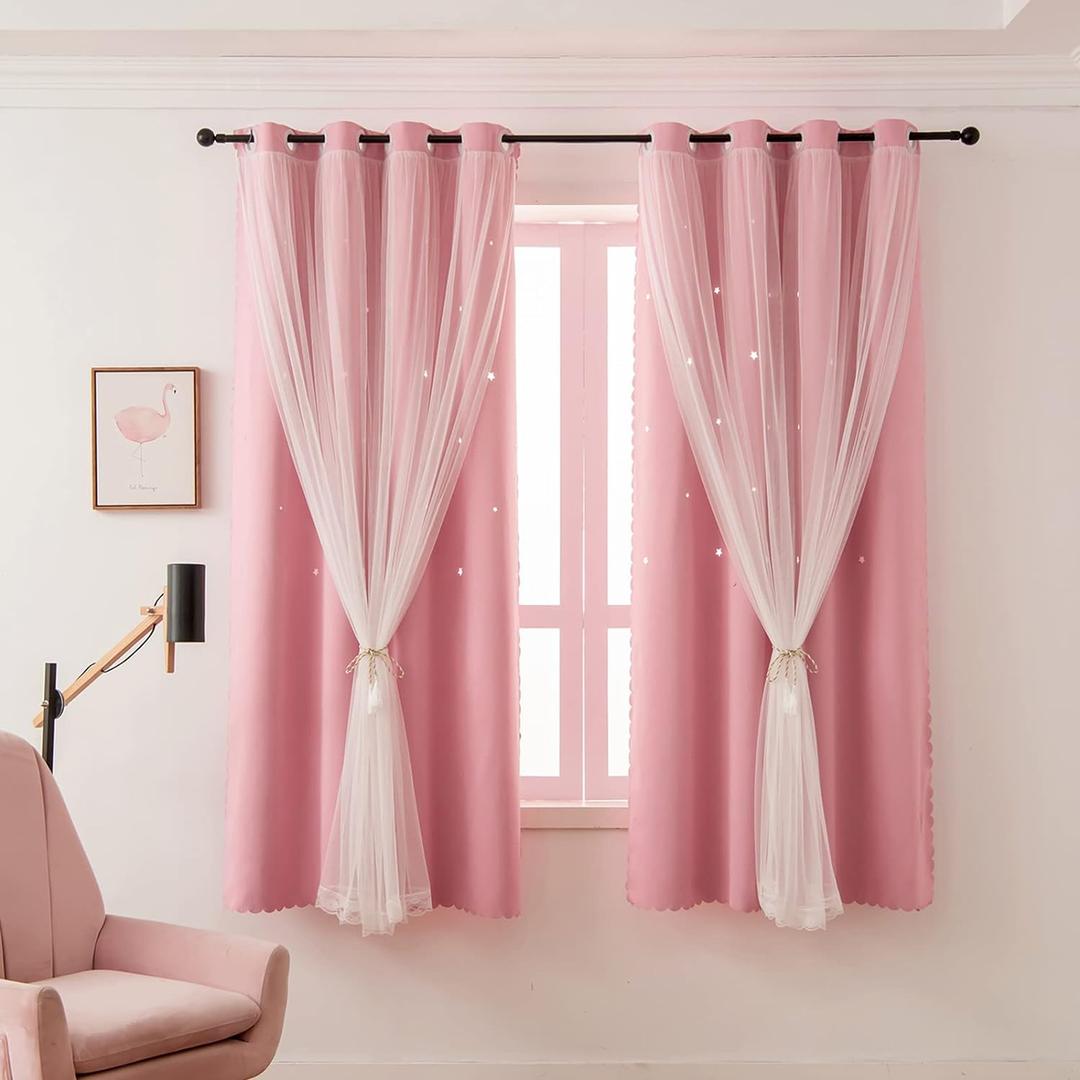 Girls Curtains for Living Room Bedroom Curtain Double Layer Blackout Curtains 63 Inch Length Star Cutout Pink Curtain Window Drapes for Nursery (Pink, 42W x 63L,2 Panels)