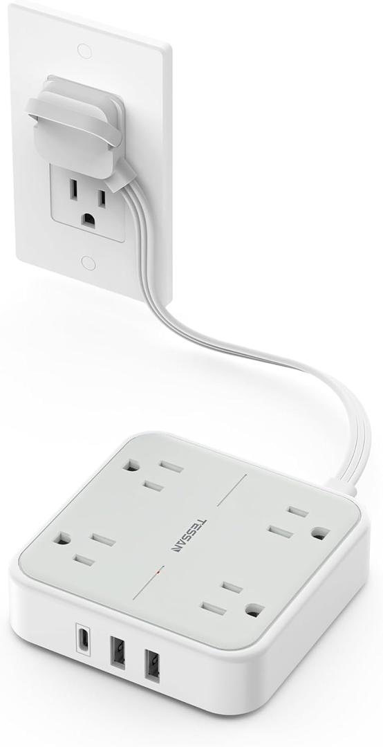 TESSAN Short Extension Cord, 1 Ft Ring Pull Surge Protector Power Strip with Multiple Outlets, 3 USB (1 USB C) 4 Outlets, 900J Surge Protection, Desktop Charging Station for Home, Office, Dorm Room (Grey)