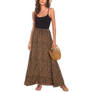 Bluetime Women Flowy Long Skirts Summer Beach Pleated Elastic High Waisted Casual Maxi Skirts, XL