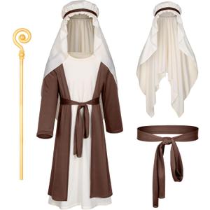Irtysh Kids Biblical Saint Joseph Costume Jesus Robe Fancy Dress Sherherd Costume Staffs Headwrap Hat Waist Rope Set (7-8 Years, Brown)