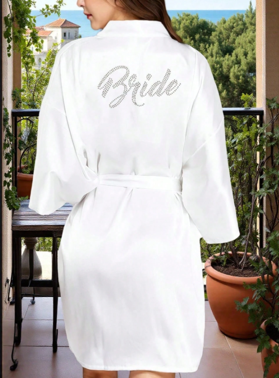 1pc Short Rhinestone-Decorated Women's Bridal Nightgown, Solid Color Satin Sexy Lace-Up Nightgown, Bathrobe For Holidays, Gifts, Parties, Bride, Bridemaid, Wedding Supplies, Hen Party Bathroom Decor Summer, White, Size F