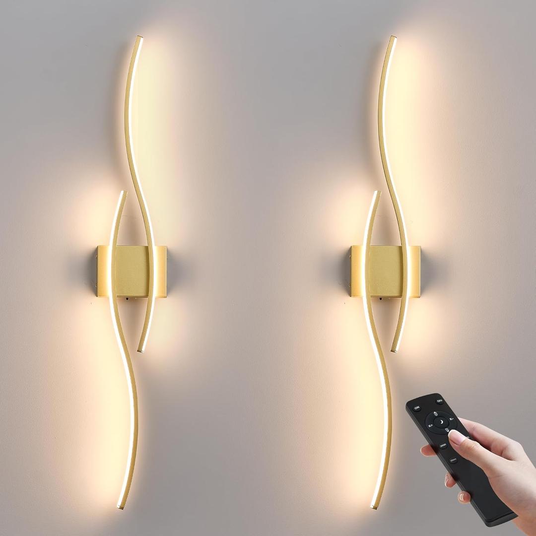 Battery Operated Wall Sconces Set of Two with Remote Control, Dimmable/3 Colors/Night-Light/Timer/Memory, Gold Modern Wireless LED Sconce for Living Room, Hallway, Bedroom, 39.3 Inch (2 Pack)
