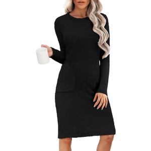ANRABESS Womens Sweater Midi Dresses Long Sleeve Crew Neck Fuzzy Knit Casual Home Lounge with Pockets, Black, Medium 