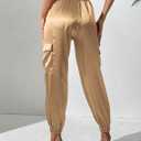 Women's Satin Cargo Joggers Pants Dressy Casual Silky Elastic High Waist Trousers M (Beige)