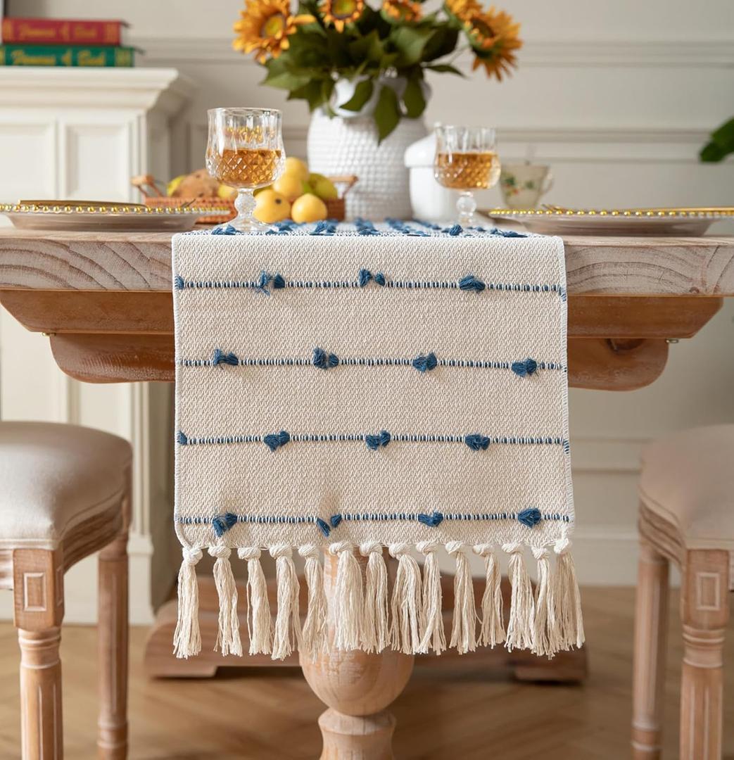Caflife Boho Table Runner 72 Inchs Long for Modern Farmhouse Room Home Decor, Blue and Beige Coffee Table Runner, Natural Cotton Woven with Tassels Neutral, for Kitchen Dining Table Decor