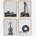 ESPWTOUD 4Pcs Black and White Minimalist Music Canvas Wall Art, Vintage Guitar Violin Vinyl Record Musical Instruments Poster Print, Wall Decor Artwork for Music Studio Living Room Bedroom Home DecorationUNFRAMED (1624in)