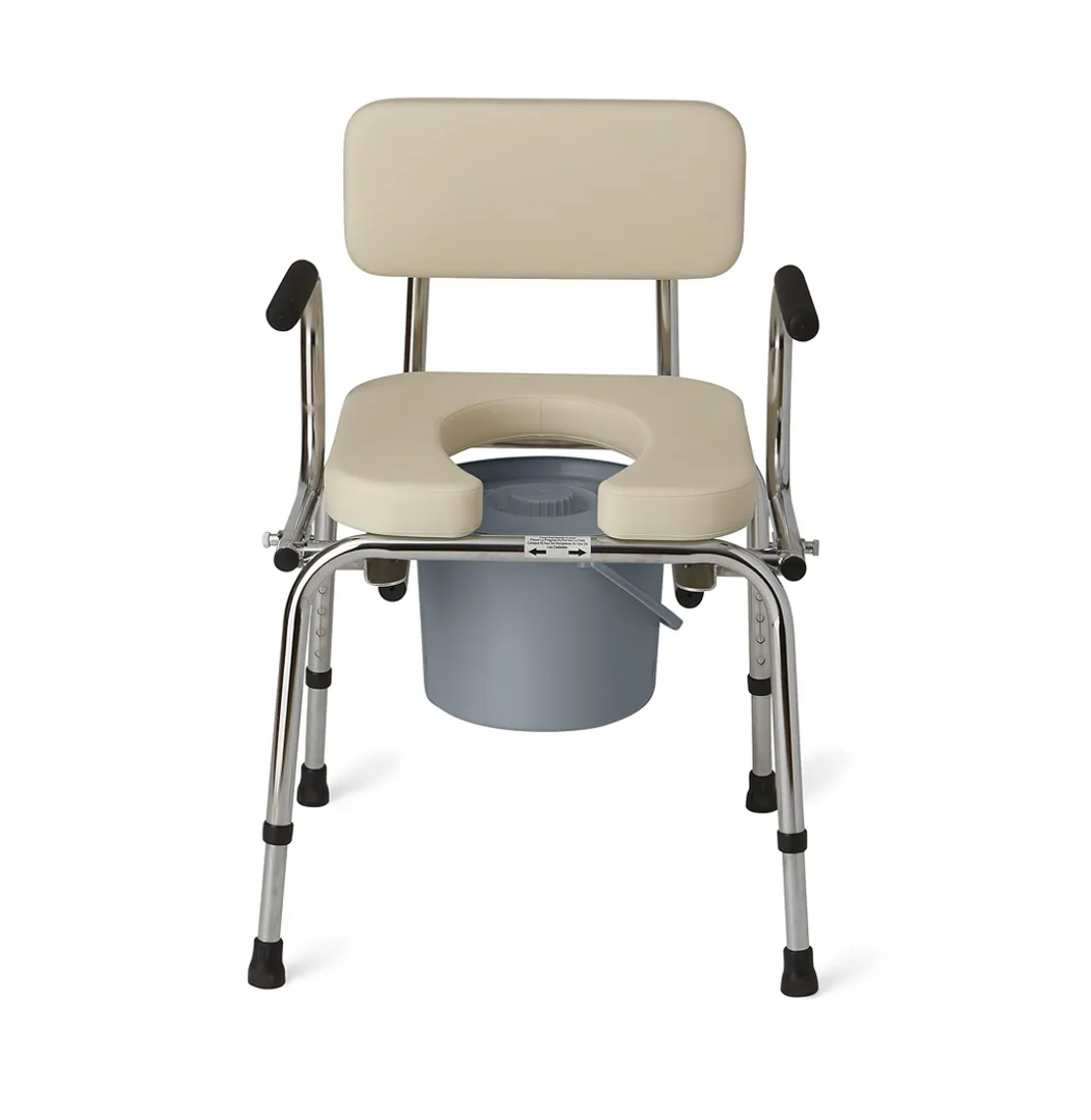 Medline Drop Arm Commode with Padded Seat and Backrest, Durable Toilet Chair for Adults and Seniors, Removable Pail, Splash Guard, Drop Down Arms for Easy Transfer, 350 lb. Weight Capacity, Tan