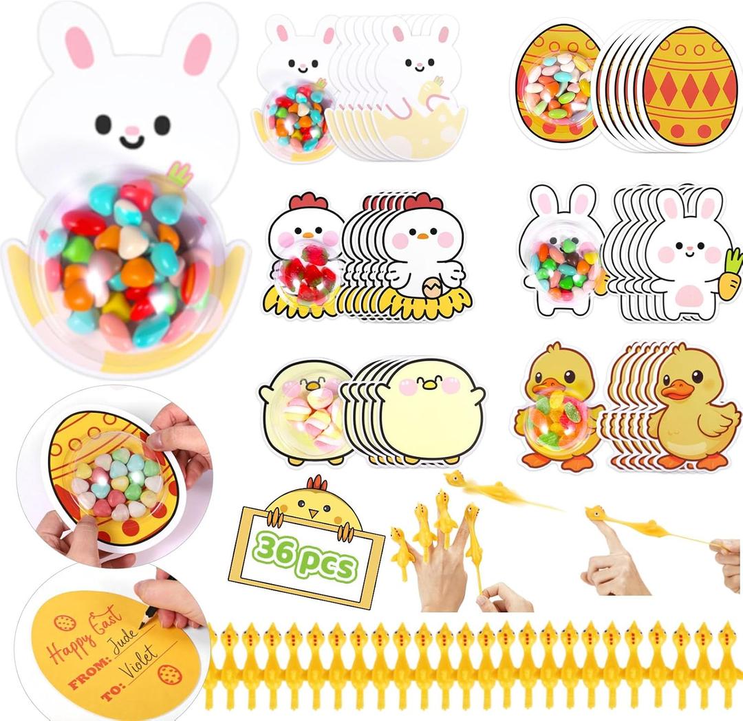 36 Pack Easter Candy Cards for Kids Classroom, Flying Chicken Slingshot Finger Toys&DIY Bunny Egg Greeting Card Holder with Plastic Domes, Goodie Bag Basket Stuffers, Exchange Gift School Party Favors
