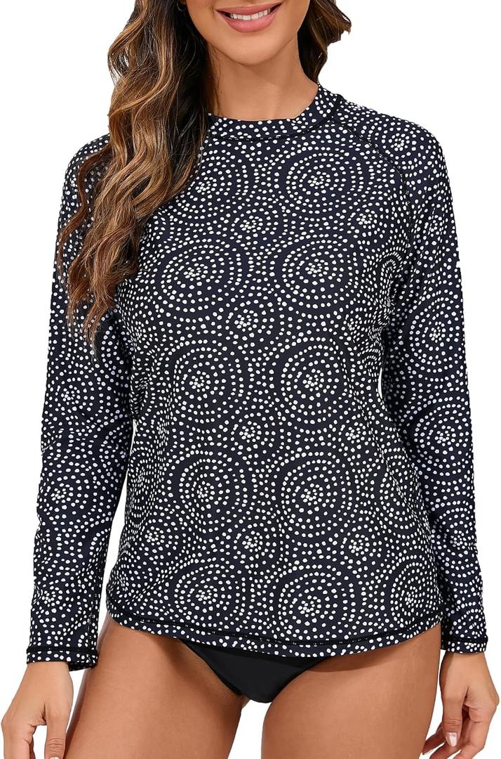 Halcurt Women's Long Sleeve Rash Guard Swim Top UPF50+ SPF Sun Protection Swimsuit Quick Dry Bathing Suit (Medium, Black White Polka Dot)