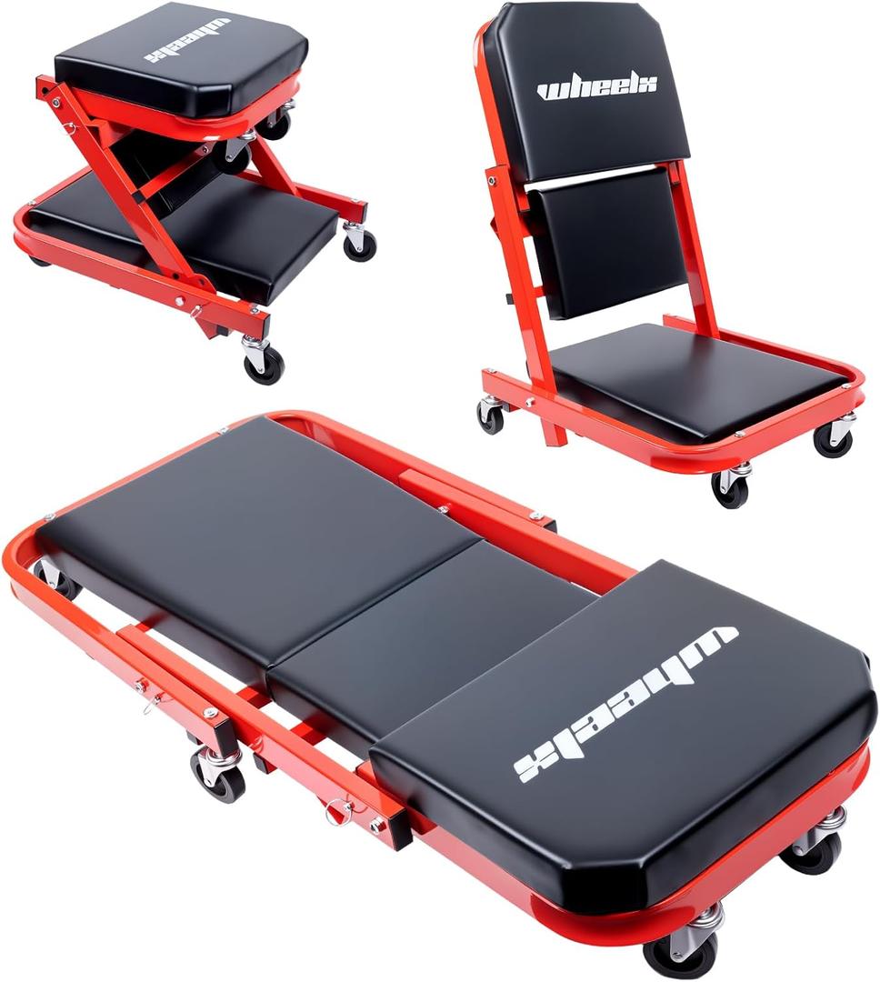 Mechanic Creeper 40inches 3-in-1 Z Seat 480lbs Capacity, Foldable Garage Chair Adjustable Rolling Folding with 6pcs Wheels Roller, Lay Down Sit Lean Back, Under Car Shop Auto Repair Man Gift (Red)
