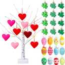 Jutom Easter Tree Decor 24" Lighted Birch Tree with 36 Pcs Heart Baubles Shamrock Egg Hanging Ornaments 24 LED Lights Birch for St Patrick Easter Centerpiece(Vivid Style)
