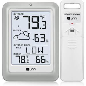 Indoor Outdoor Thermometer Hygrometer Wireless Weather Station, Temperature Humidity Monitor Battery Powered Inside Outside Thermometers with 330ft Range Remote Sensor and Backlight Display (White/Grey)