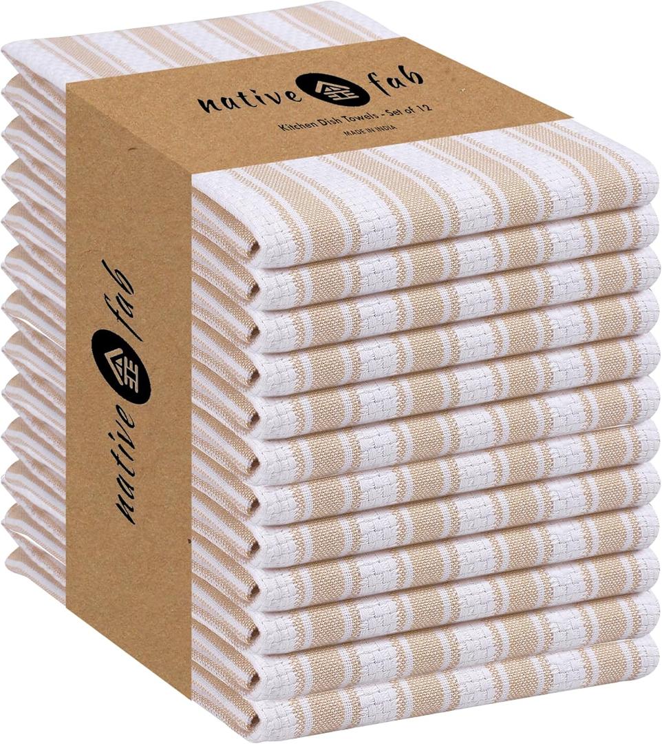 Native Fab 100% Cotton Beige Kitchen Towels - 16x26 inches - Set of 12 - Basket Weave Stripe Dish Towels for Cleaning, Drying Dishes, Absorbent Dish Cloths Set with Hanging Loop - Beige White