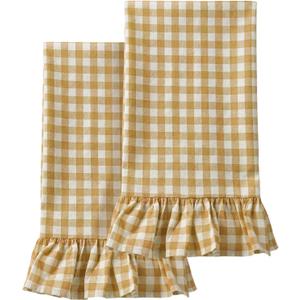 HunnmingRe Yellow Kitchen Towels Set of 2, 100% Cotton Ruffled Gingham Dish Towels 18"x28" Tea Cloths Classic Plaid Pattern for Farmhouse Charm, Drying Dishes, Entertaining Guests