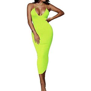 PRIMODA Women's Sexy Neon Asymmetrical Spaghetti Strap Dress Deep V-Neck Sleeveless Bodycon Midi Club Dress S