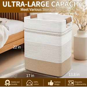 Laundry Hamper - 85L Large Laundry Basket with Leather Handles, Decorative Storage Basket for Blankets - Cotton Rope Woven Baskets for Storage, Clothes Hamper for Living Room, Jute & White, Pack 3