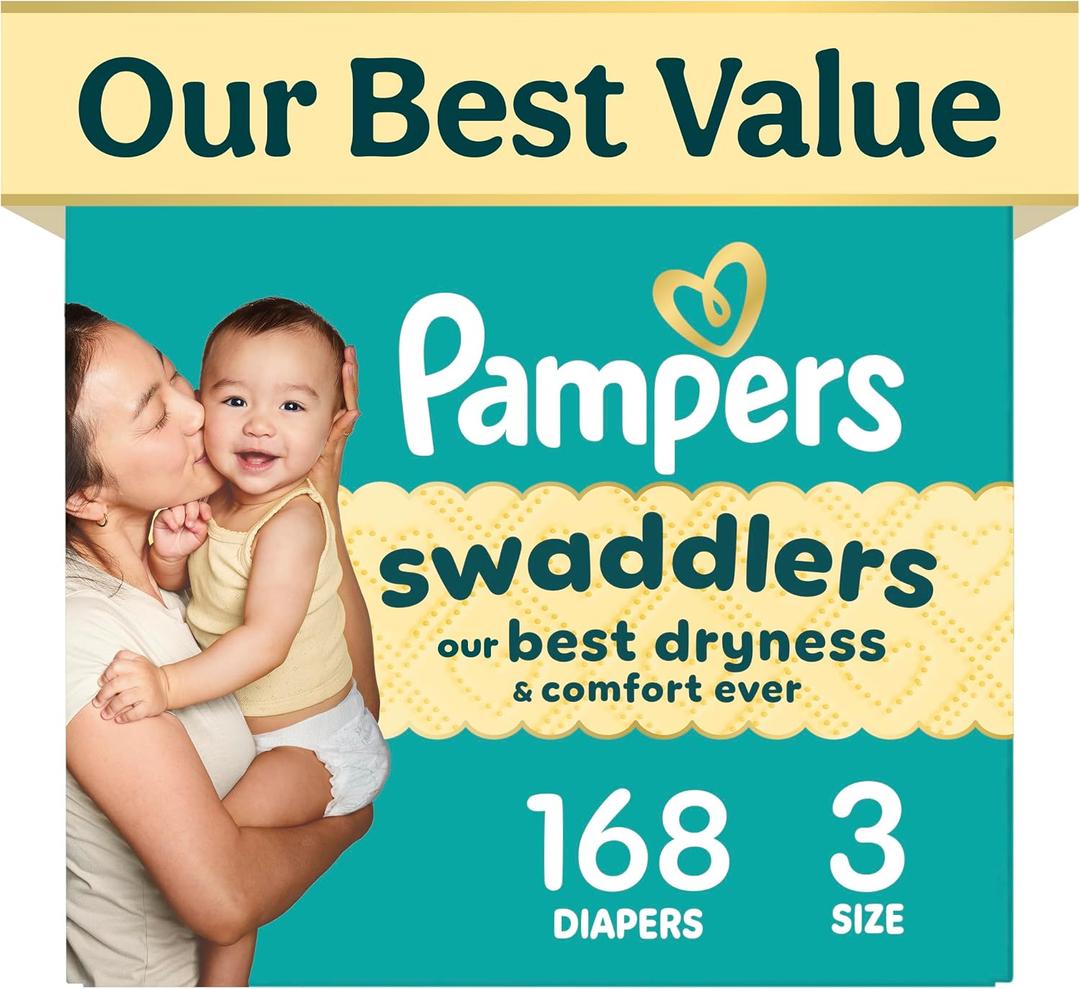 Swaddlers Diapers, Size 3 (13-26 lbs), 168 Count, Fragrance Free, Hypoallergenic, Absorbent, Pediatrician Recommended, Skin Safe