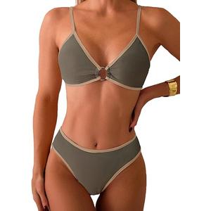 Fanuerg Women's Triangle Bikini Sets Circle Ring Linked Two Piece Swimsuit Color Block Cheeky Bathing Suits (Medium, Army Green)