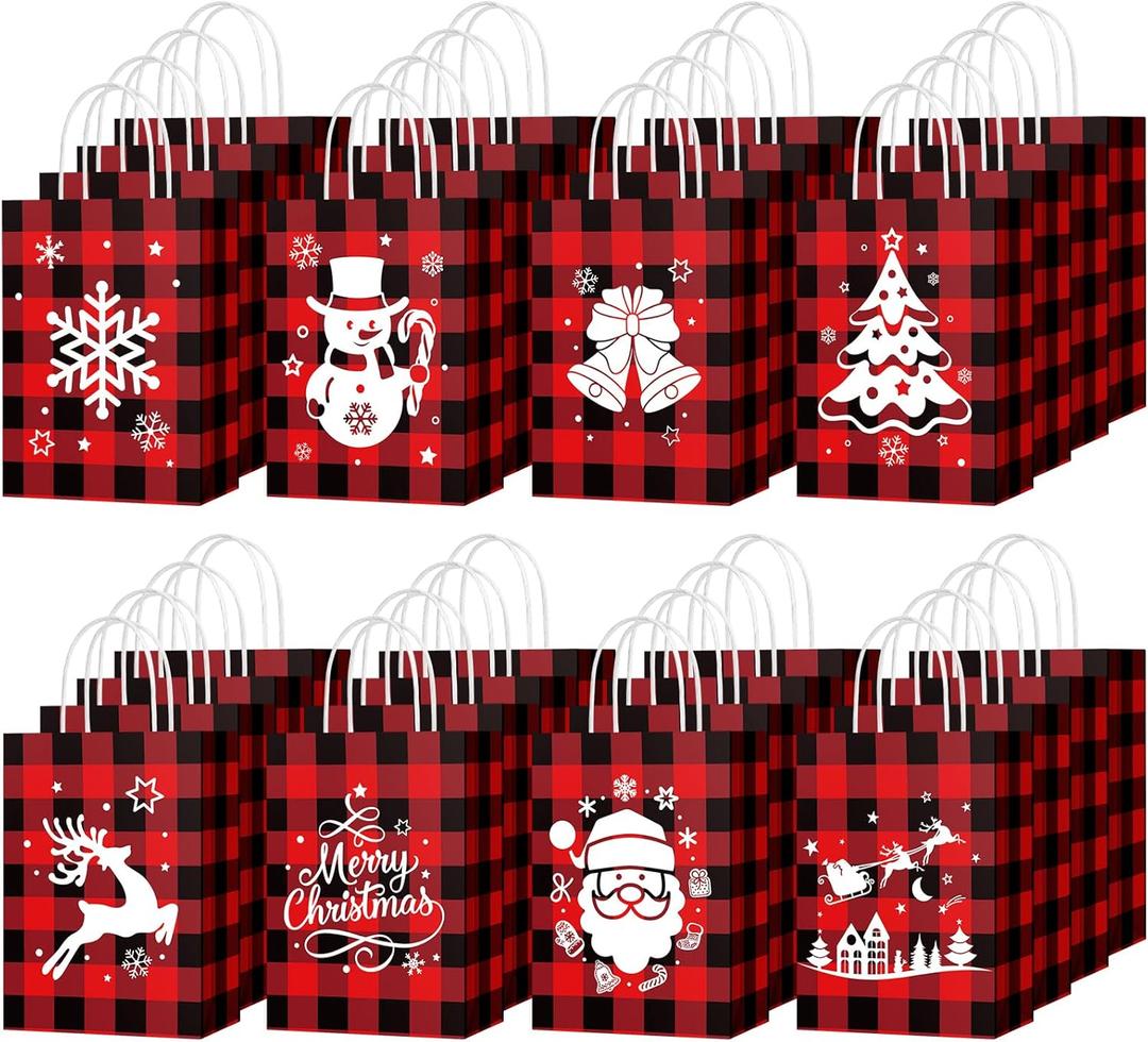 Yeaqee 80pcs Christmas Gift Bags Bulk Small Size Merry Christmas Xmas Kraft Goodie with Handles Holiday Gift Wrapping Paper Bags for Kids Party Supplies 8.3 x 5.9 x 3.15''(Plaid)